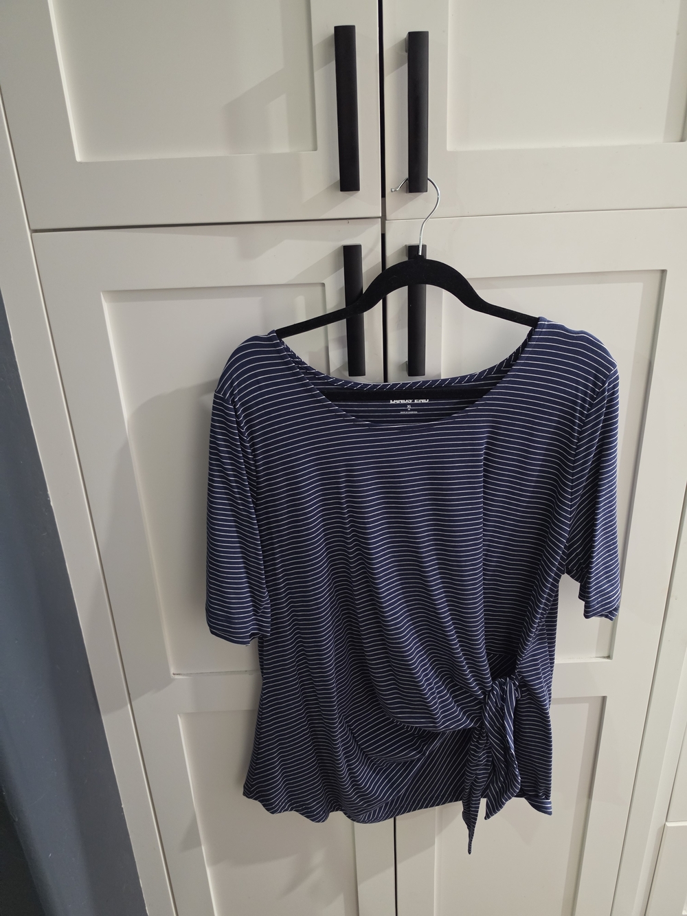Lands' End Navy and White Striped Tie-Side Short Sleeve Top